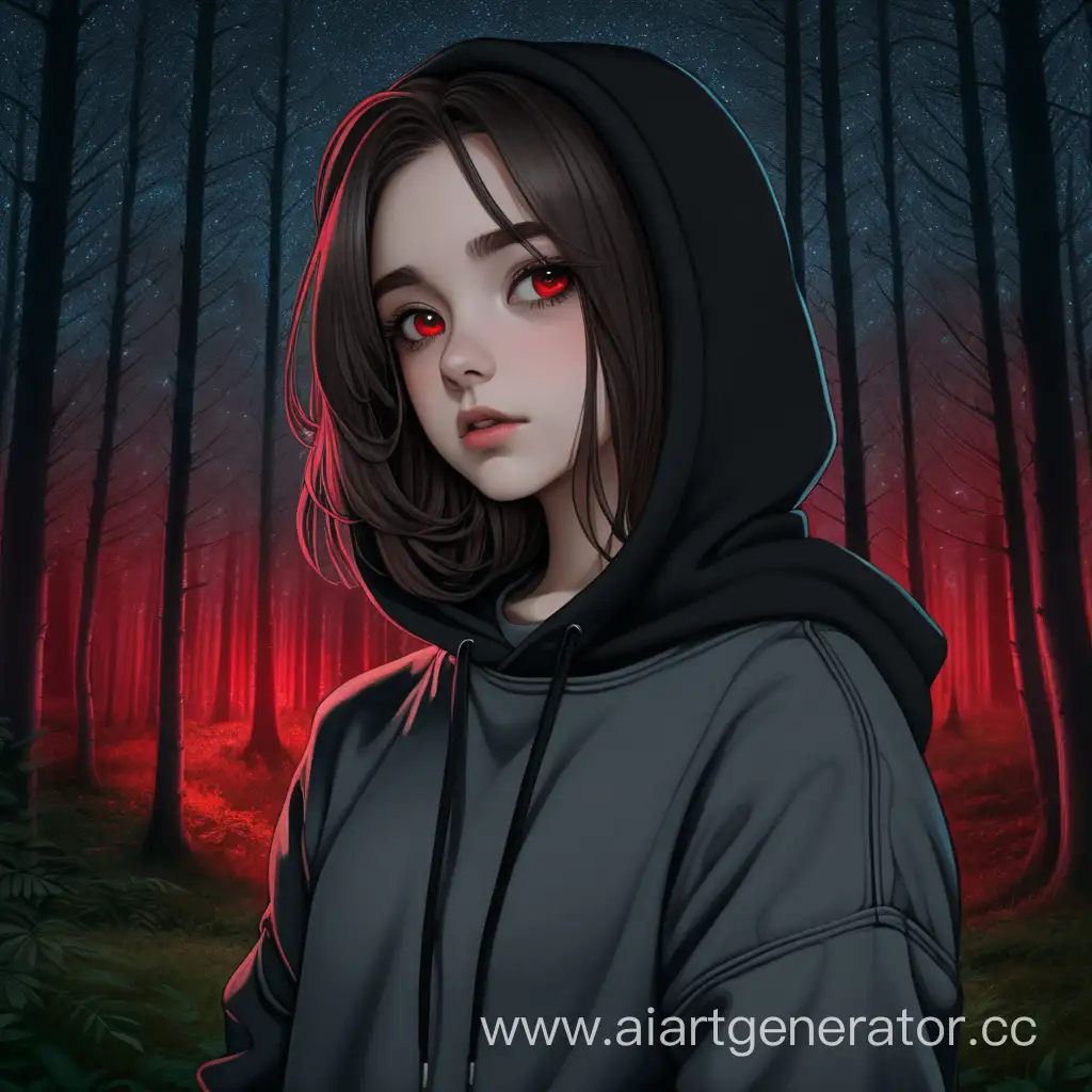 Девушка, длинные темно-коричневые волосы, черная толстовка, серые джинсы, красные зрачки, на фоне ночного леса