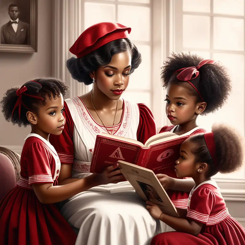 Create realistic beautiful classy young black woman of delta sigma theta sorority. In the Year of 1913  Wearing crimson red and cream reading to little black girls