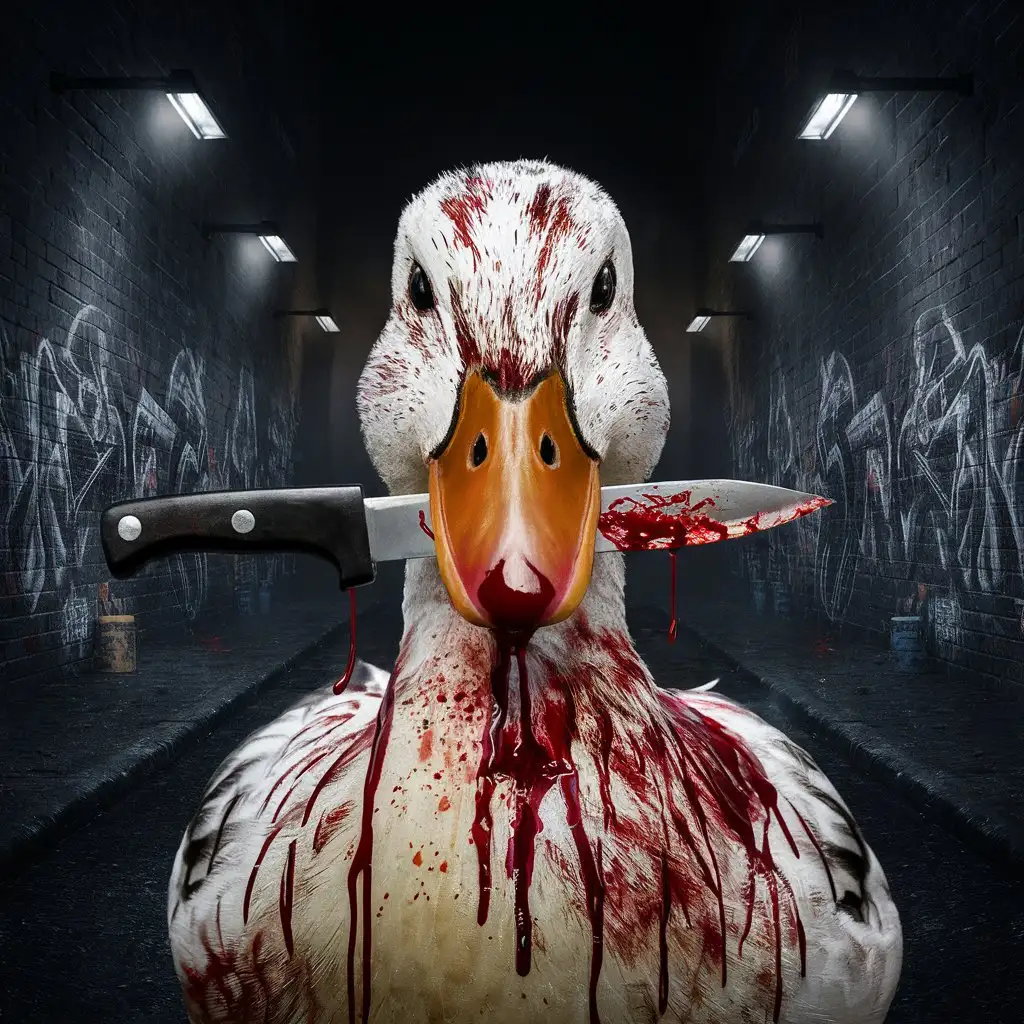 a duck holding a bloody knife , picture for a rap album cover 