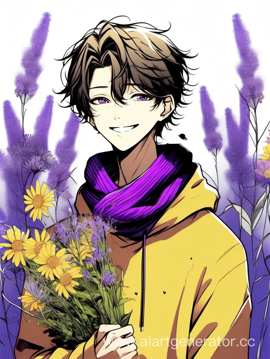 Феликс из Stray kids  в желтом свитере и фиолетовом шарфе держит полевые цветы в руке и улыбается, в стиле манхвы 