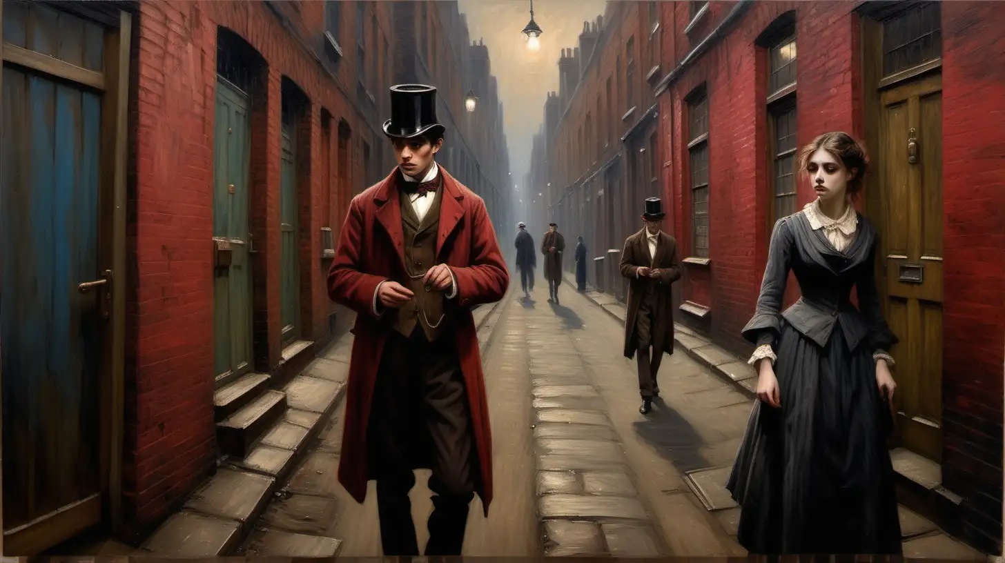 Victorian London Oil Painting Encounter in Dim Alley Behind Theatre