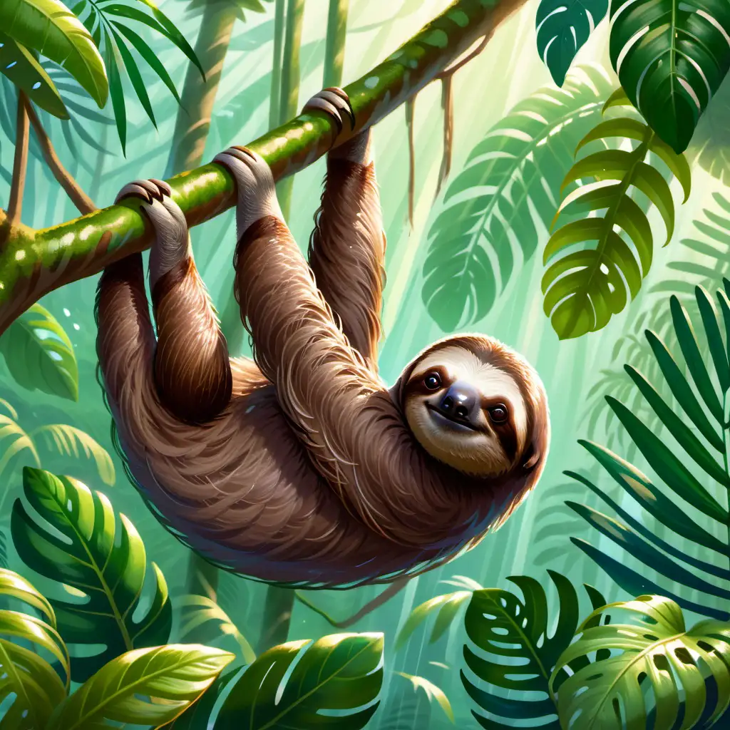 Lush South American Rainforest Tranquil Sloth Hanging on Branch