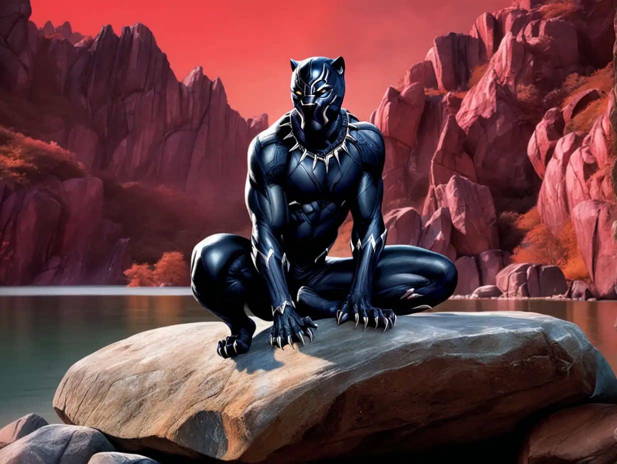 Black panther, sitting on rock, rocks surrounding it, lake, Renaissance, red background