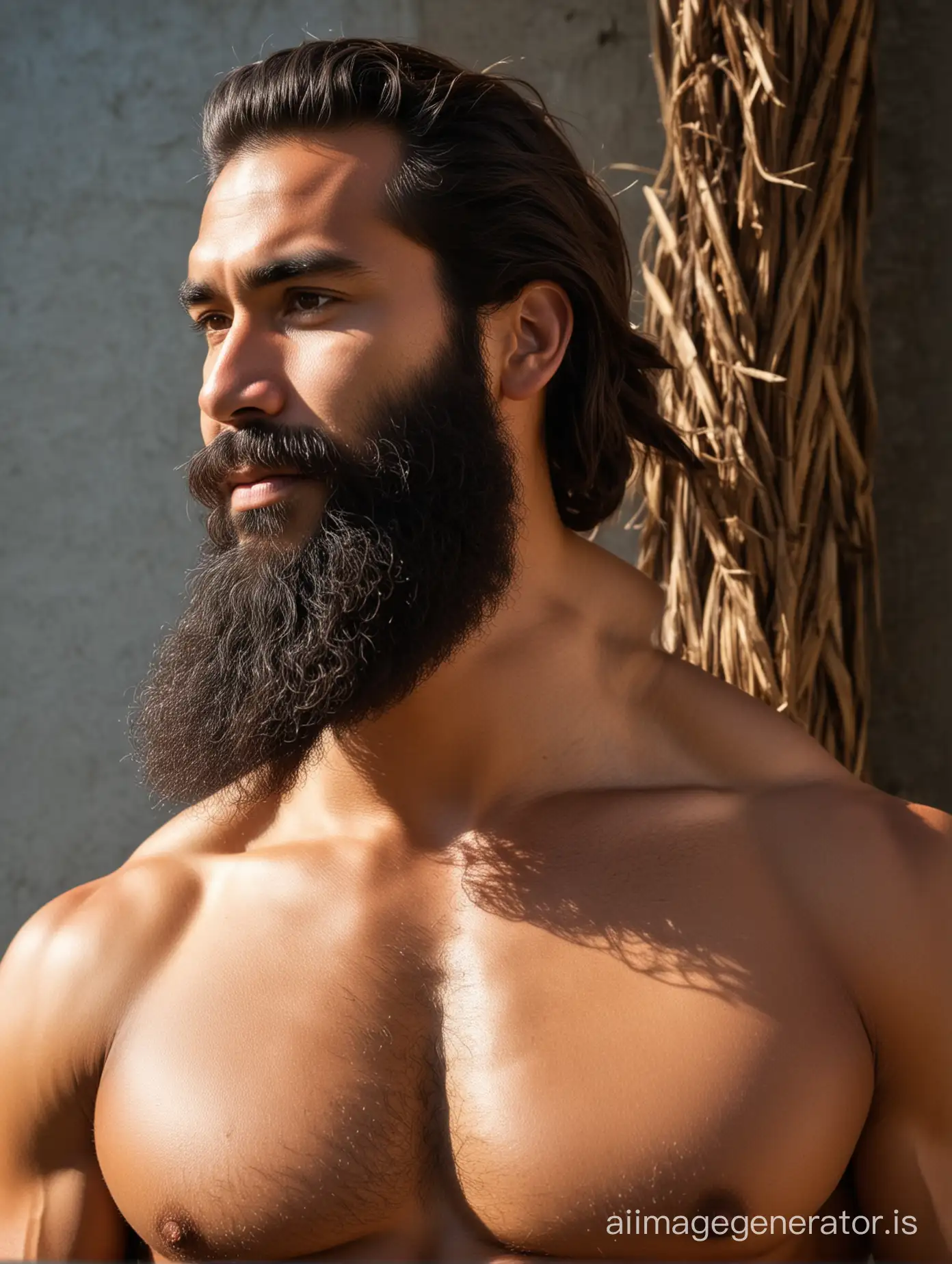 a tall, broad shoulders, fit, lean, hairy chest, long beard Hawaiian man, perspective shadows,
