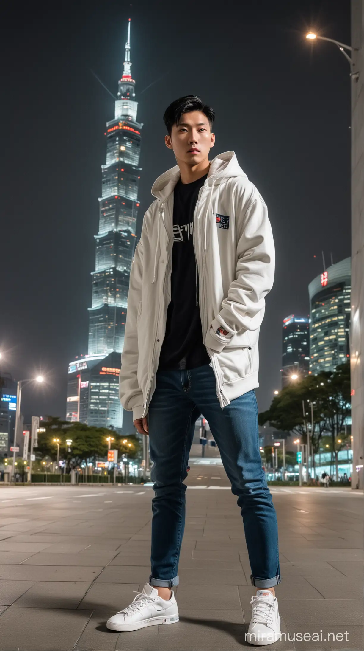 Romantic Korean Man in Hoodie Jacket Poses by Taipei Tower at Night