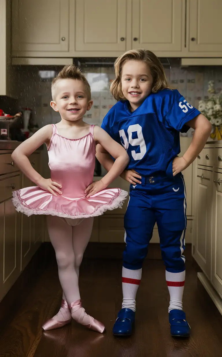 Gender role-reversal, Photograph of a mother dressing her young son, a thin boy age 8, up in a pink silky ballerina dress and tights, and she is dressing her young daughter, a girl age 9, up in a blue football uniform, in a kitchen for fun on a rainy day, the children are doing funny poses with hands on hips, adorable, perfect children faces, perfect faces, clear faces, perfect eyes, perfect noses, smooth skin