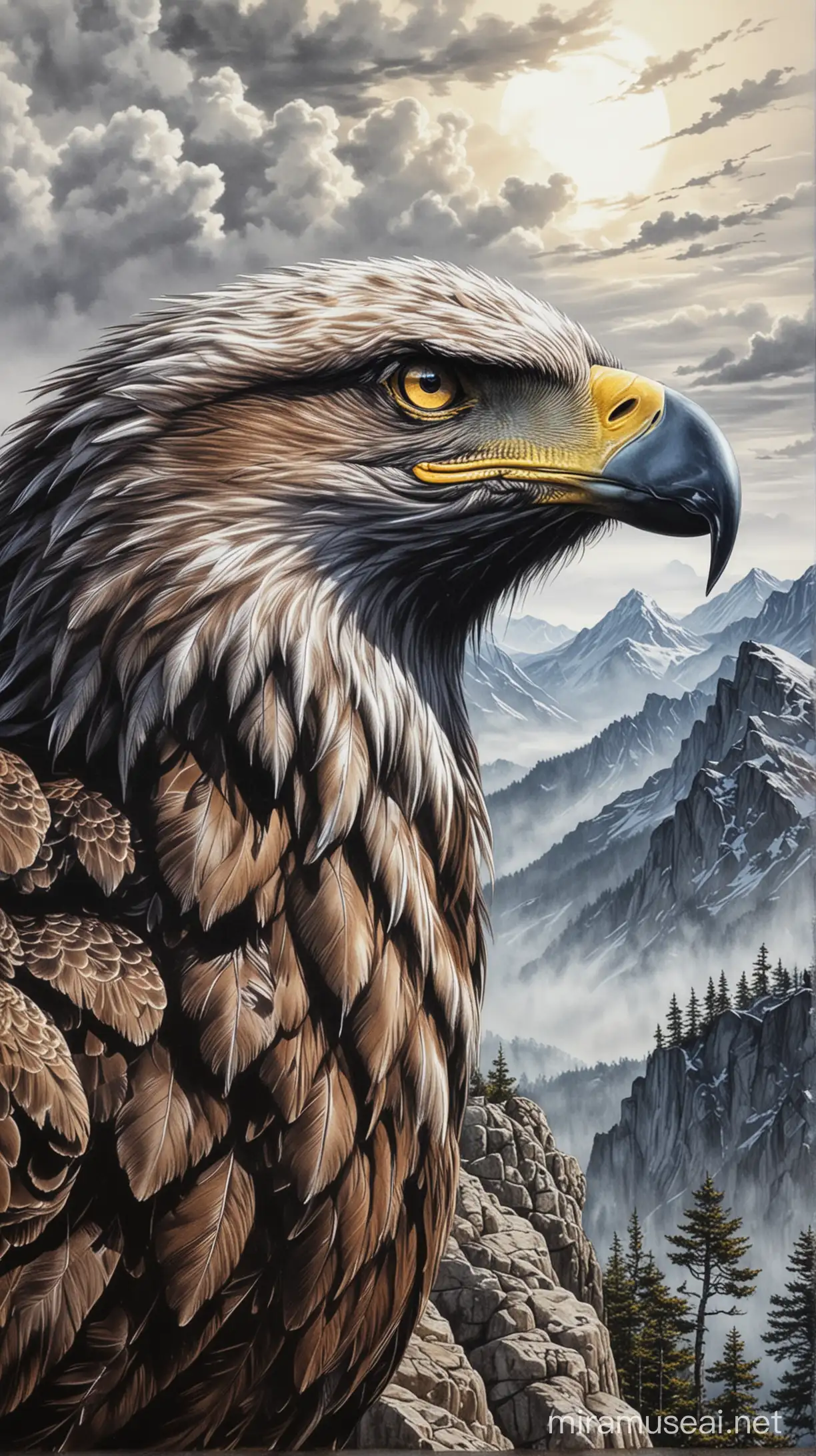 Cabeza de águila de perfil,enfadada,ojos luminosos,realista,dibujo a rotulador fino,fondo montañas,stencil 