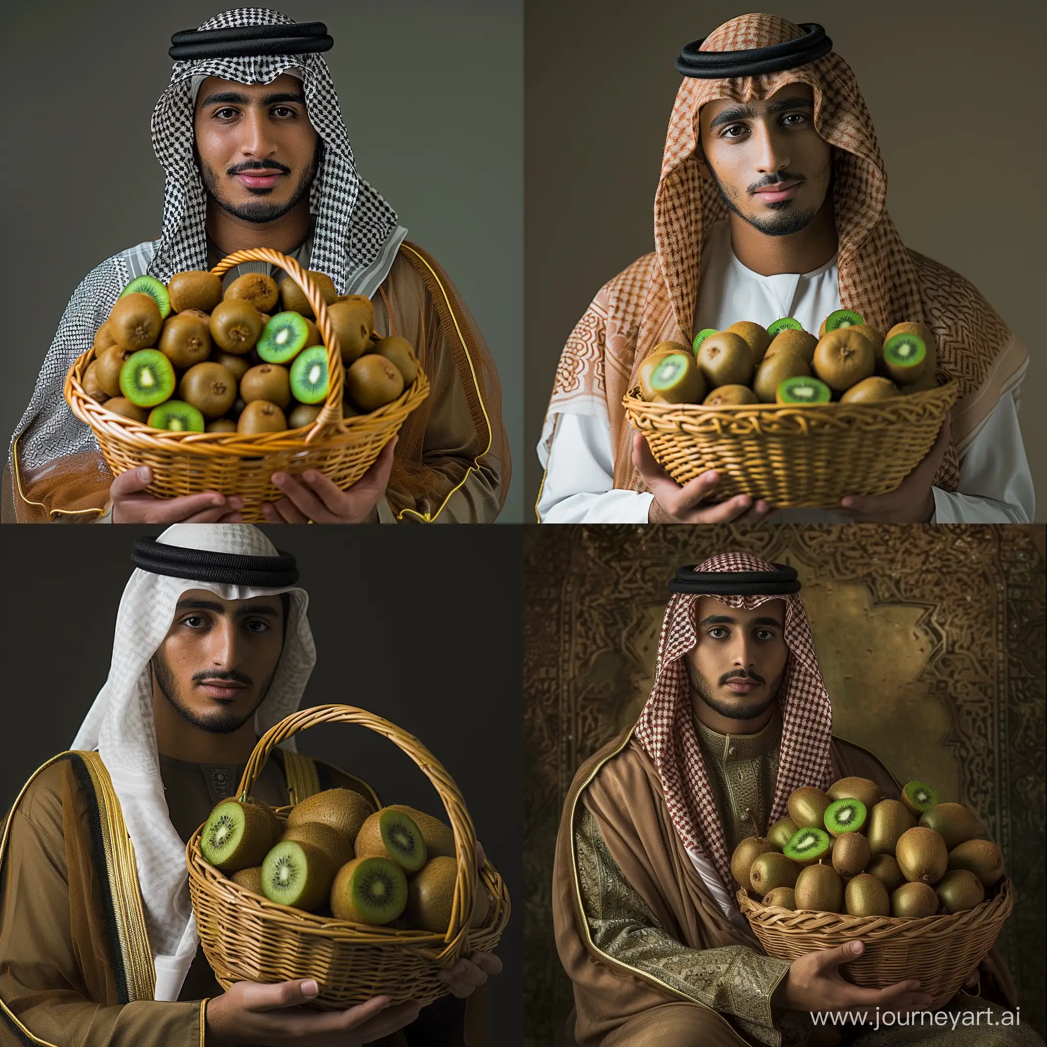 Real and natural photo of a man in Arabic dress holding a basket of kiwis. Full detail of kiwi basket and young man's face. Kiwi basket in the middle of the picture.