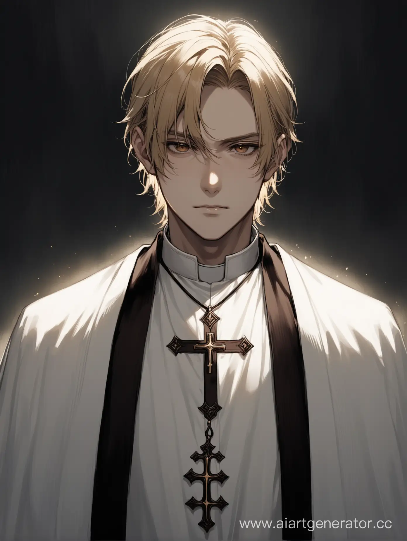Священник парень с блондинистыми волосами и карими глазами, хмурый