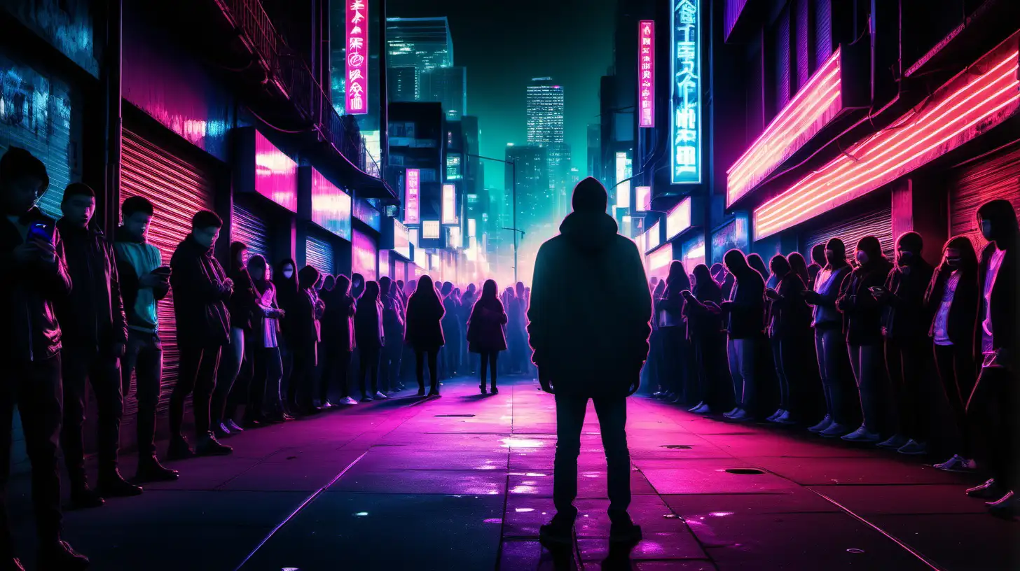 Urban Isolation Amidst Neon Glow A Sole Figure Contemplates Fear and FOMO