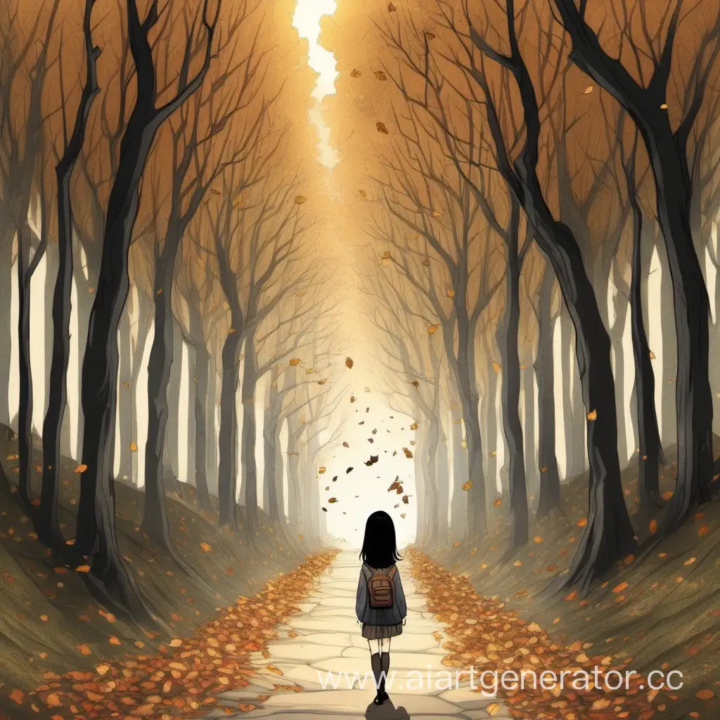Тропинка с деревьями у которых опадают листья. В конце тропинки девушка с черными волосами спиной стоит.