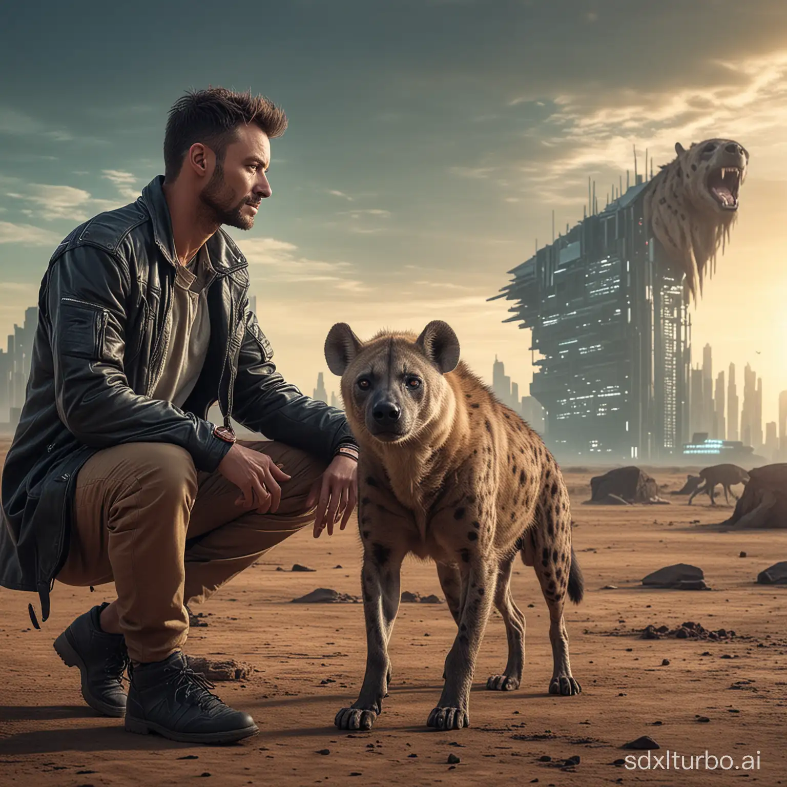 hombre con hiena de mascota en ambiente futurista