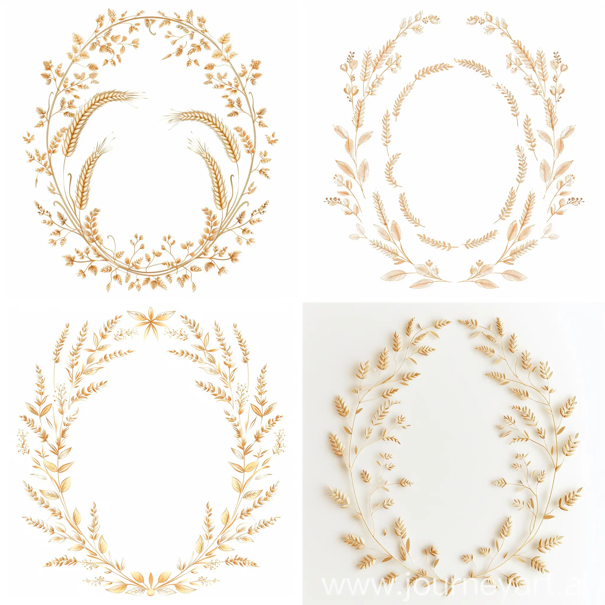 Delicate ornament along the contour of an oval made of translucent small wheat spikelets and wheat leaves, on a white background, flat illustration, vintage style, Victorian style
