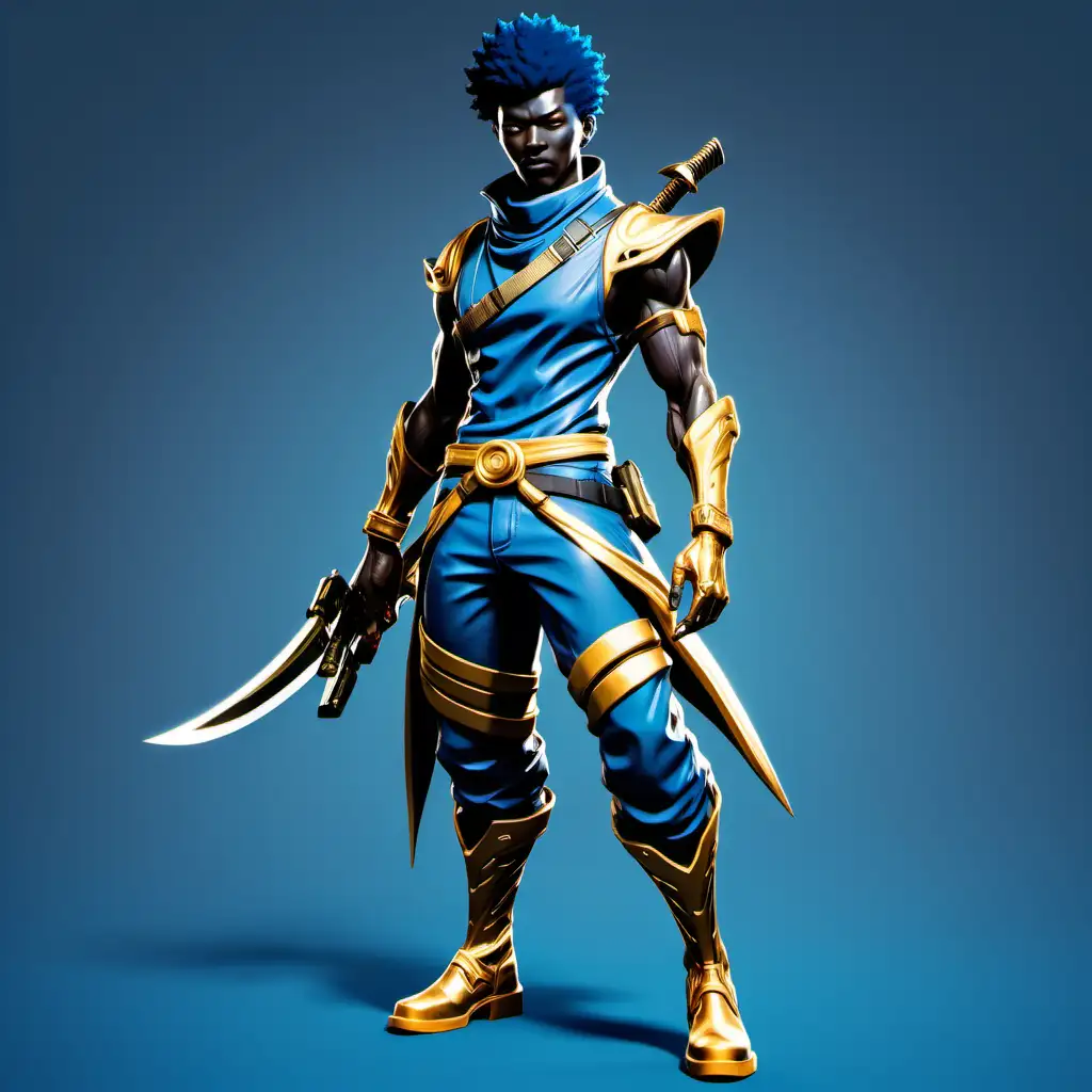 afro samurai style ninja with scifi asthetic's with golden teshin from warframe boots, with blue pants and a blue shirt fortnite style skin