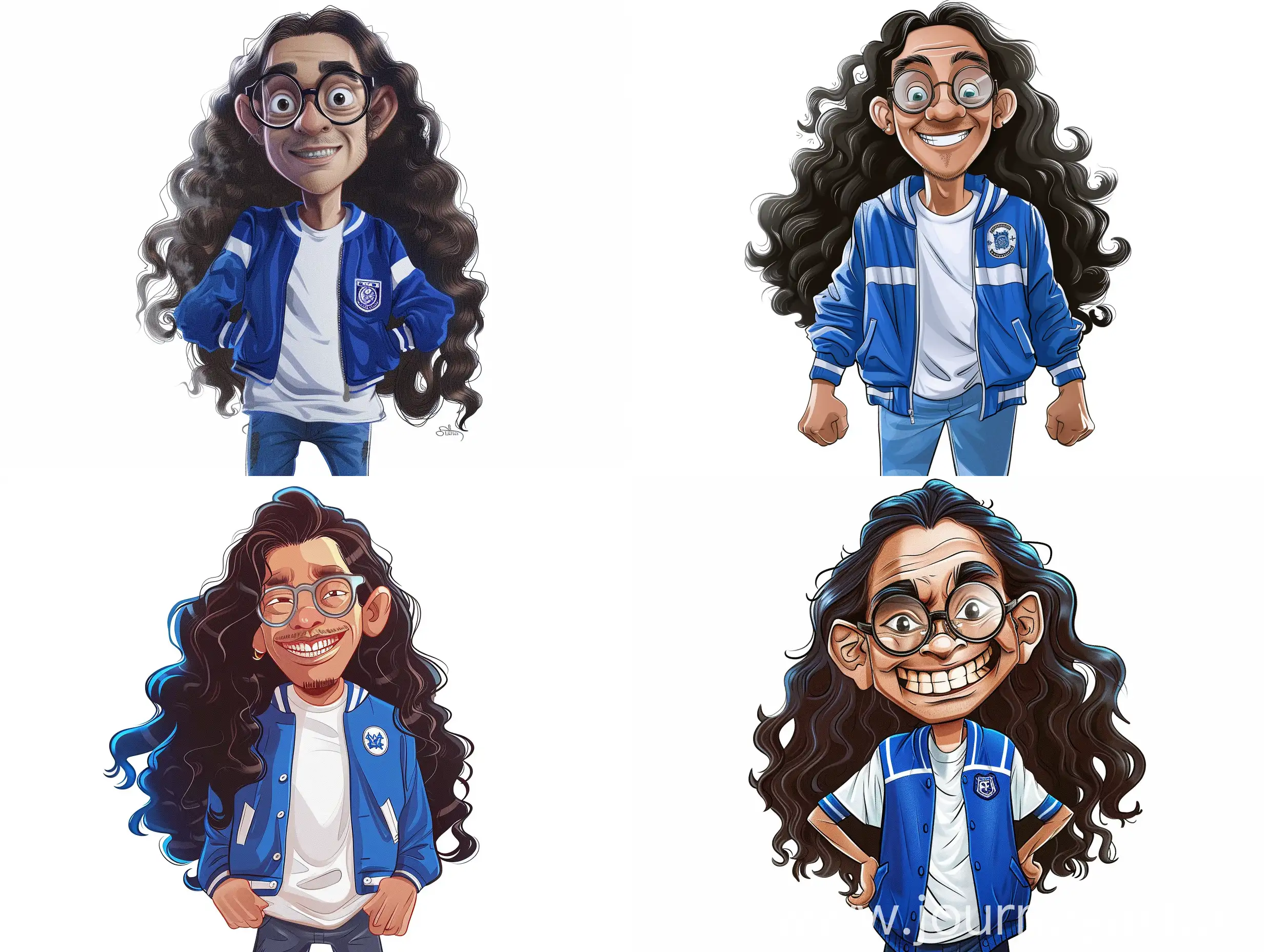 Full body A caricature of an indonesian man wearing blue varsity jacket, white t-shirt, big head, glasses, very long wavy hair, Front view happy pose