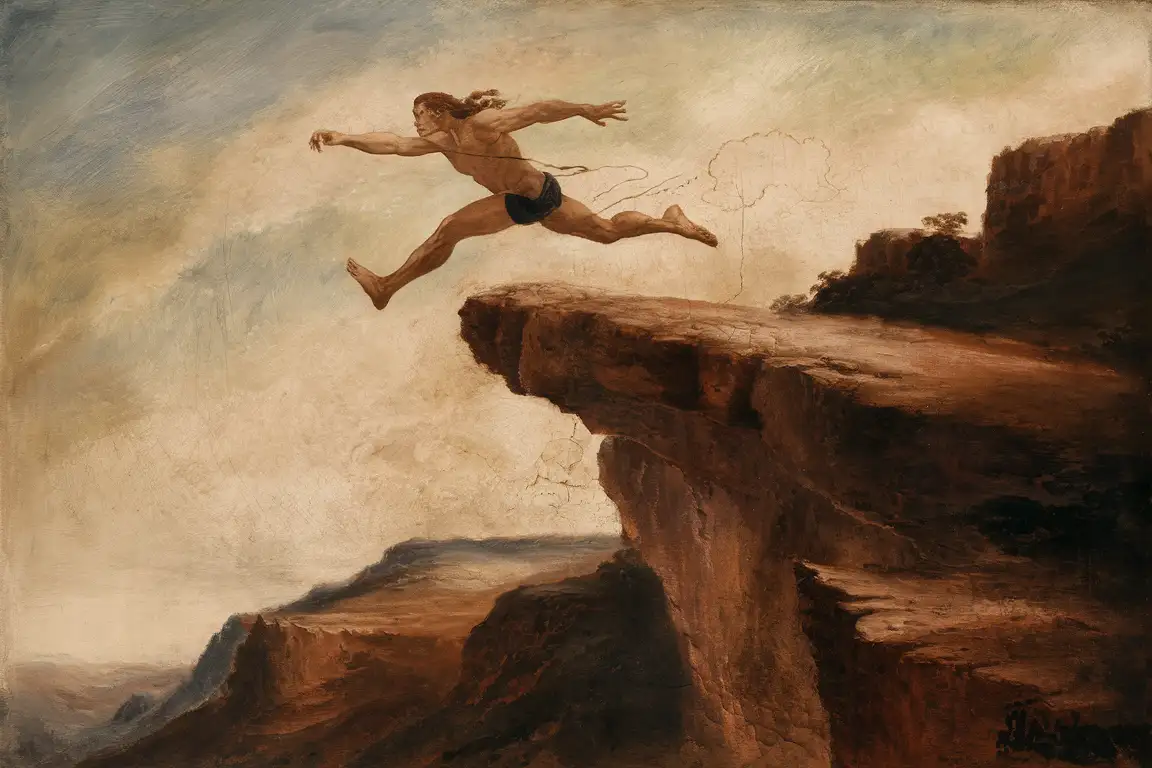  A man leaping off a cliff, epitomizing the essence of daring and exploration, in the aesthetic realm of Da Vinci with anatomical precision, rich depth, soft transitions of color and enlightening play of light and shadows, amidst the stronghold of nature. 