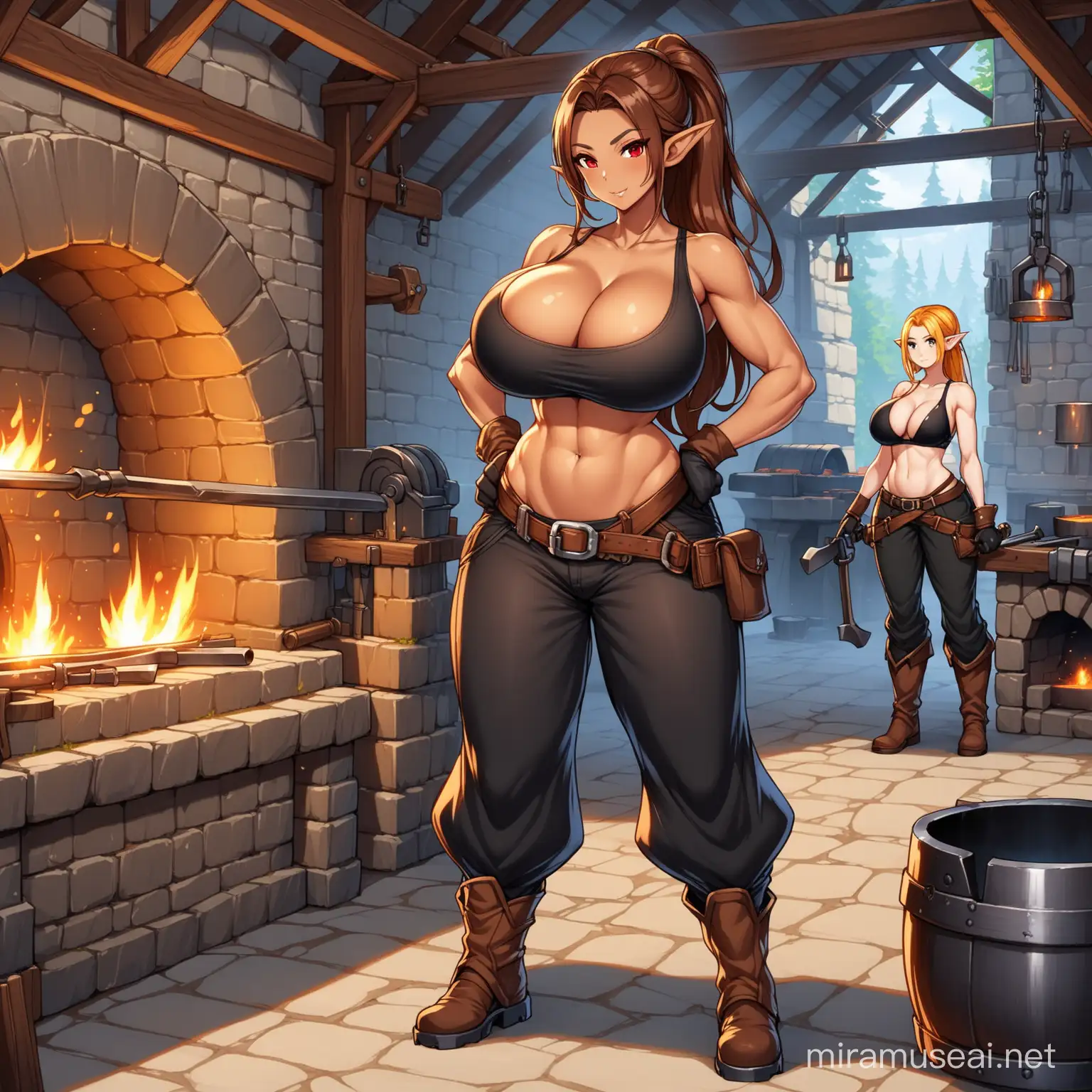 Elegant Elf Blacksmith Crafting with Gigantic Breasts and Goggles