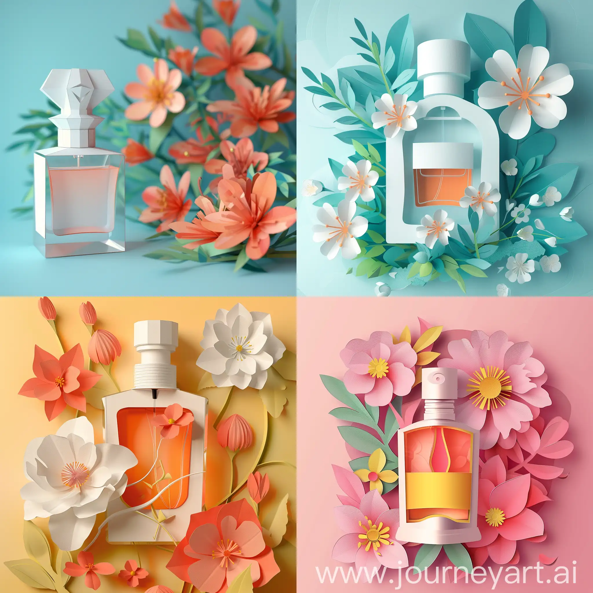 paper-cut flat illustration of close-up perfume in david lashebelle style, flowers in full bloom beside, high definition, high quality details