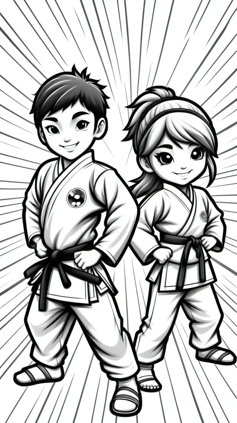 Smiling Ninja Kids in Tae Kwon Do Gear Against Sunburst Dojo Background