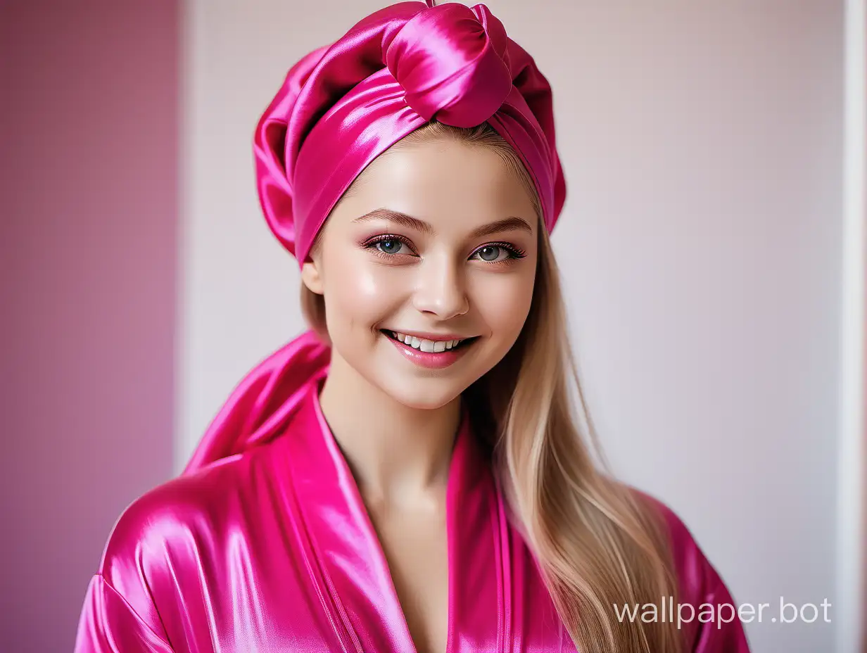Gentle, Sexy, sunny Yulia Lipnitskaya with long straight silky hair beautifully smiling in Luxurious Pink fuchsia Silk Robe and pink silk Towel Turban