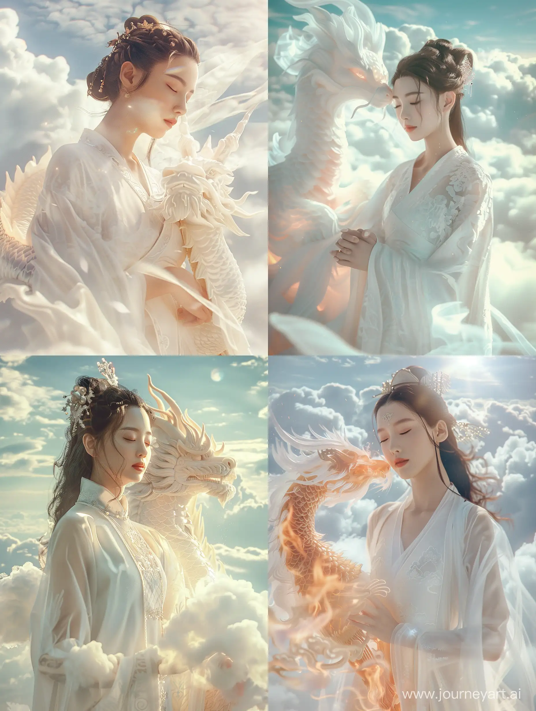 a beautiful Chinese woman in a pure white hanfu dress, standing side by side with a serene fire qilin. They are both closing their eyes, and a white aura of light is emanating from their bodies. The background is a sky filled with fluffy clouds, bathed in the soft light of the morning sun,raw photo, 8k uhd, film grain, unreal engine 5, intricate, sharp focus, fantasy, cinematic lighting,Ultra realistic