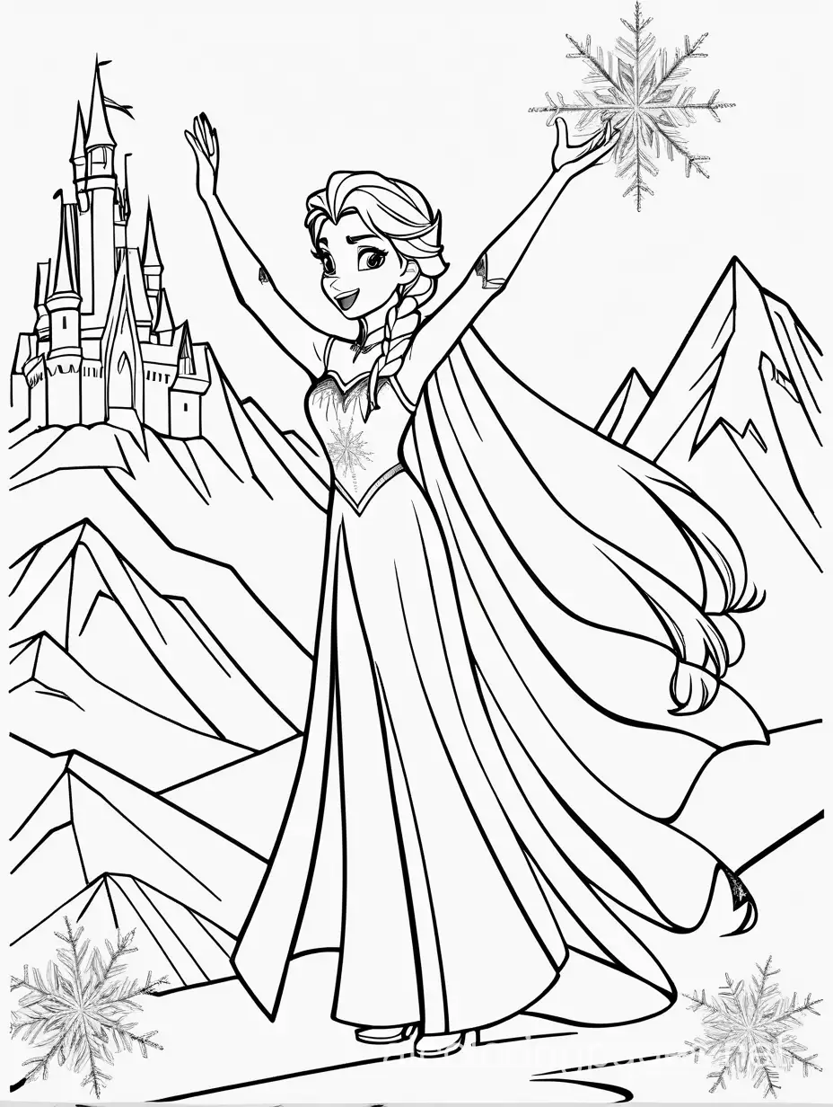 Frozen elsa singing mountain and magic show color page, Coloring Page, black and white, line art, white background, Simplicity, Ample White Space. The background of the coloring page is plain white to make it easy for young children to color within the lines. The outlines of all the subjects are easy to distinguish, making it simple for kids to color without too much difficulty