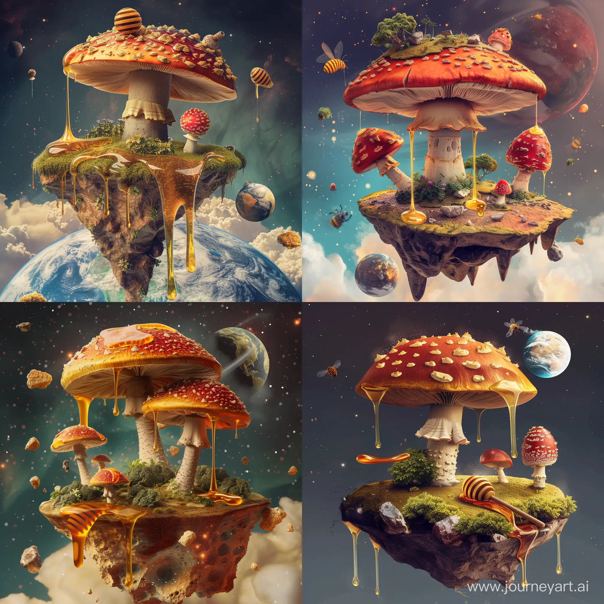 mixing of island and mushroom and honey and planet, in the galaxy, fantasy style, realistic