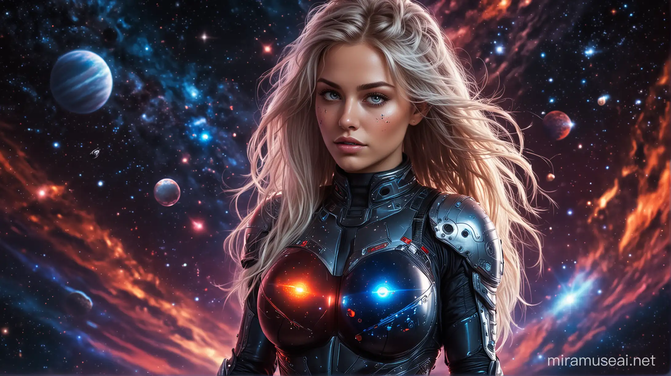 sexy nordic girl, long hair, complicated hair style, wild hair, full body, big boobs, round boobs, huge tits, glowing tattoo on face, tight spacesuit, armored spacesuit, black and deep blue spacesuit, red glowing spacesuit, background open colorful space, planets, galaxies