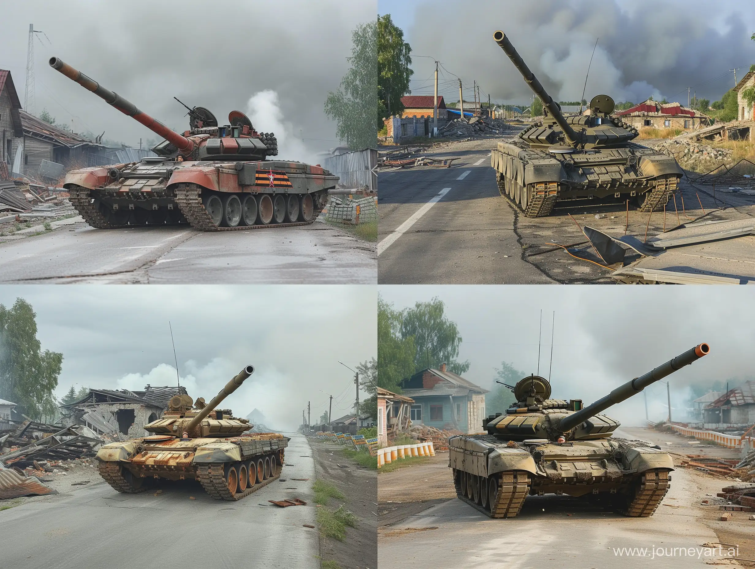 Photorealism, Russia, Modernity, Summer, Village, Ruins, Destroyed Houses, Wreckage, Military Equipment, Modern Russian Tank, T-72, T-80, T-90, Standing on an Asphalt Road, Road Barriers , Roadblock, Smoke in the Background, Camera Angle Close, Side View, Focus, Zoom