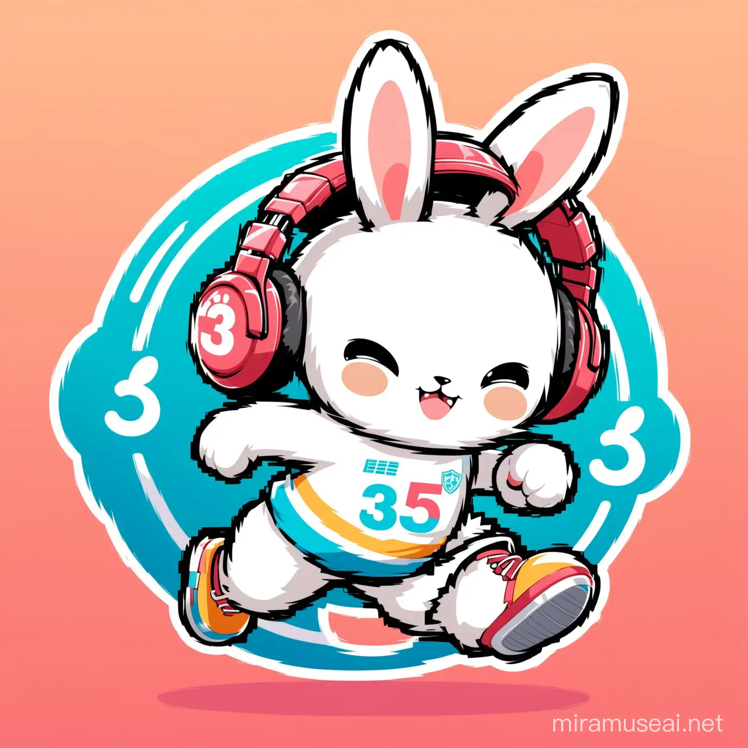 logo, bunny, mascot, sport, have full body bunny, wear headphone, caster, 35 degree inclined surface, motivate