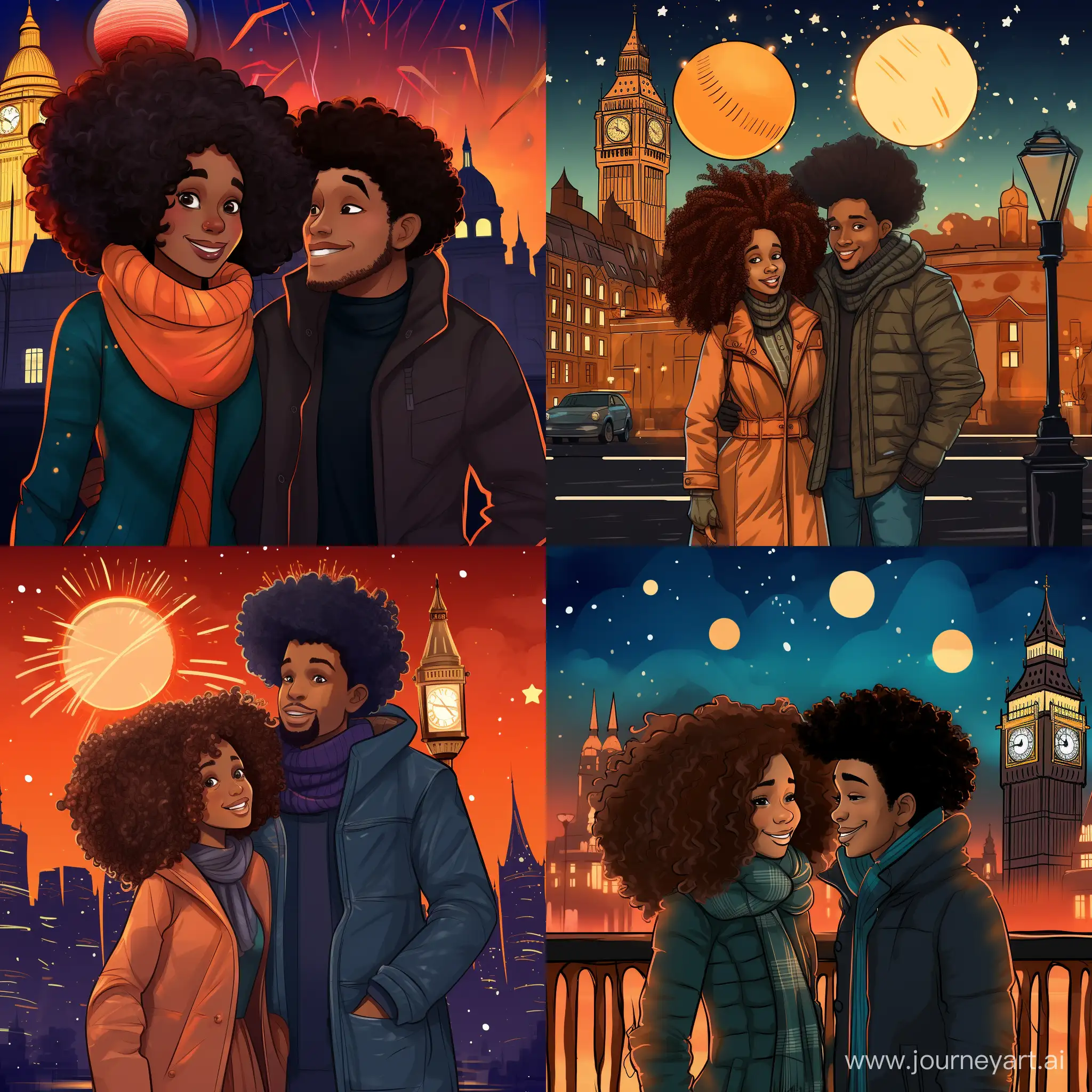 Colourful cartoon style of Black men and women with afros and dreadlocks standing in front of Big Ben at night celebrating the new year