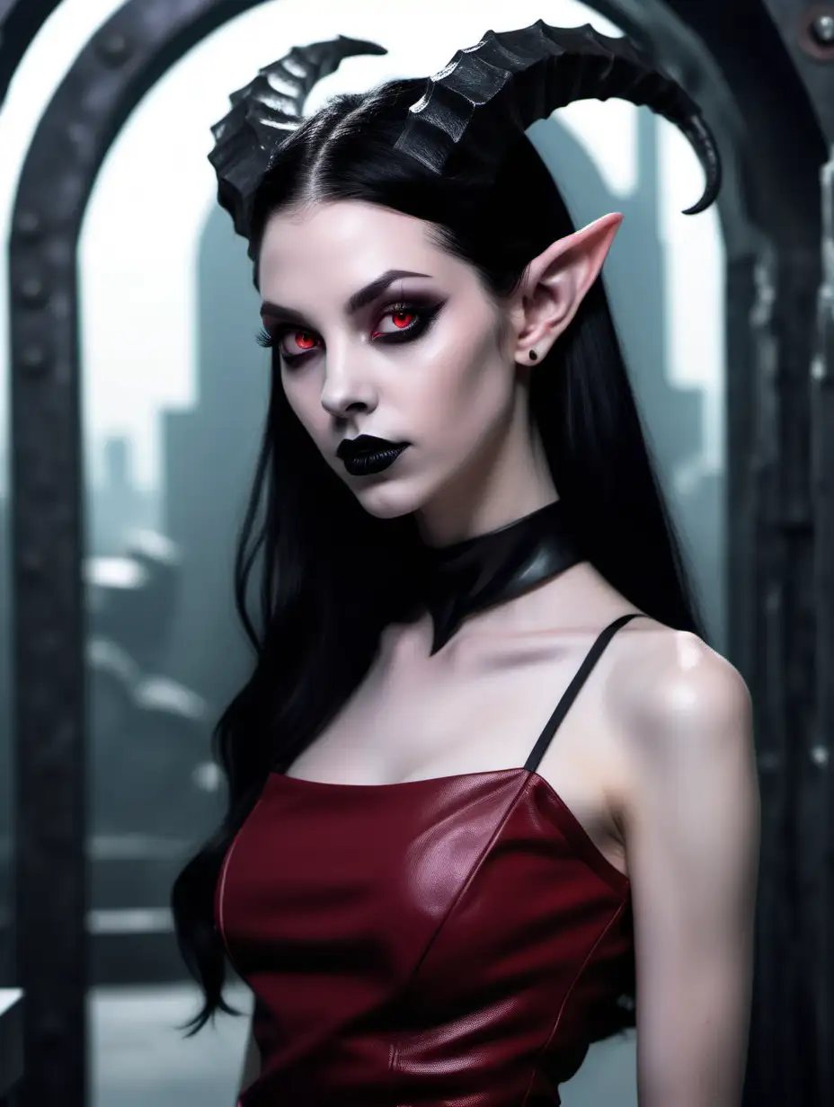 Innocent Pale Pink Female Tiefling in Futuristic Dark Red Dress | MUSE AI