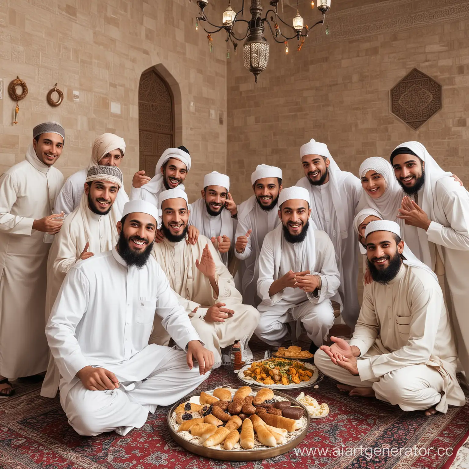компания счастливых мусульман, отмечающих праздник и халяль
