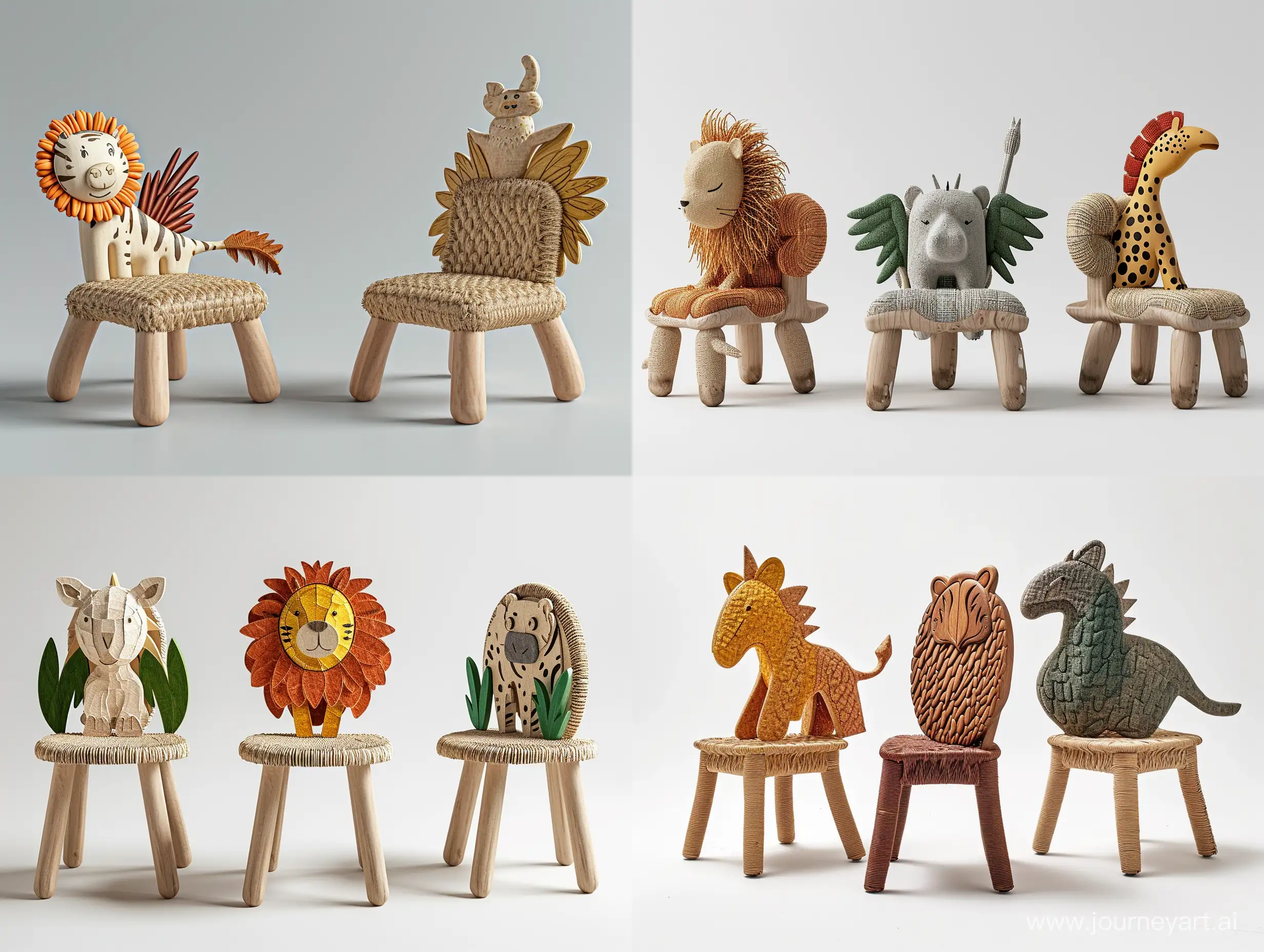 imagine an image of a minimal kids friendly  sturdy children’s chair which can be assembled and disassembled and inspired by Children's drawing of cute safari animals like cute lion or zebra or griffin or cheetah or hippocampus , with backrests shaped like different creatures. Use recycled wood for the frame and woven plant fibers for seating areas, depicted in colors representative of the chosen animals. The seat should stand approximately 30cm tall, built to educate about wildlife and ensure durability.unreal ,realistic style