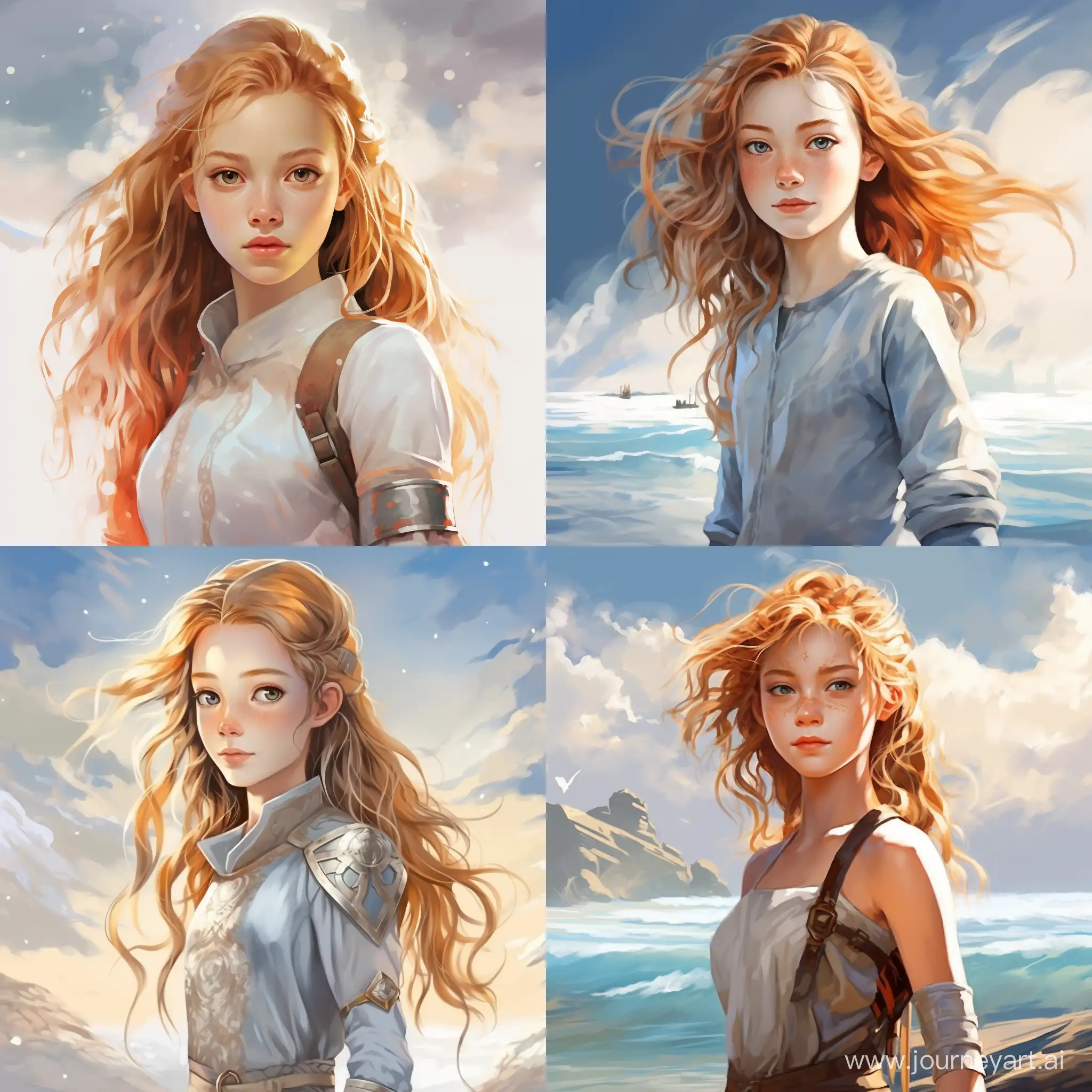 Beautiful girl, golden hair, gray-blue eyes, snow-white skin, teenager, 14 years old, avatar style legend of aang, journey near the sea, high quality, high detail, cartoon art