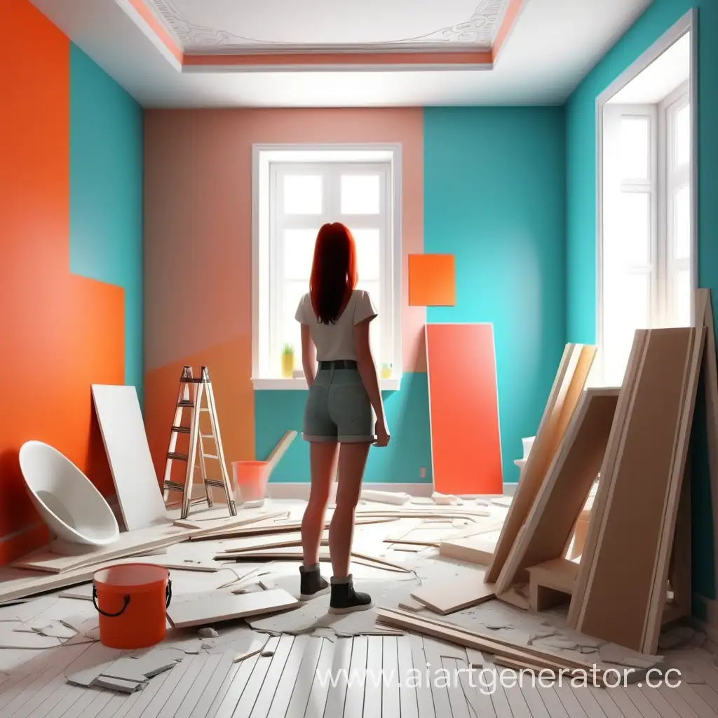 Девушка делает ремонт комнаты яркий дизайнерский современный