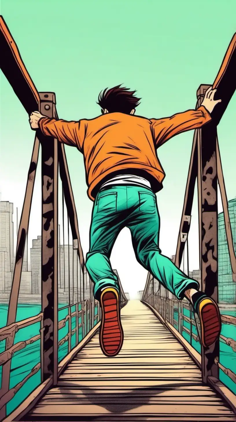 cartoony color.  From behind. 
young man jumps off a bridge