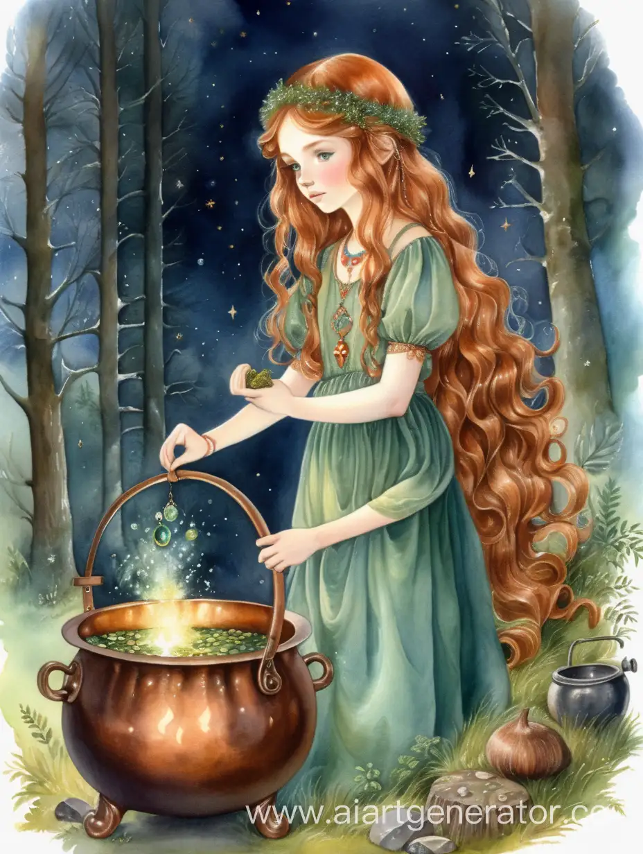 Slavic-Girl-Cooking-with-a-Copper-Cauldron-in-a-Watercolor-Forest-Setting