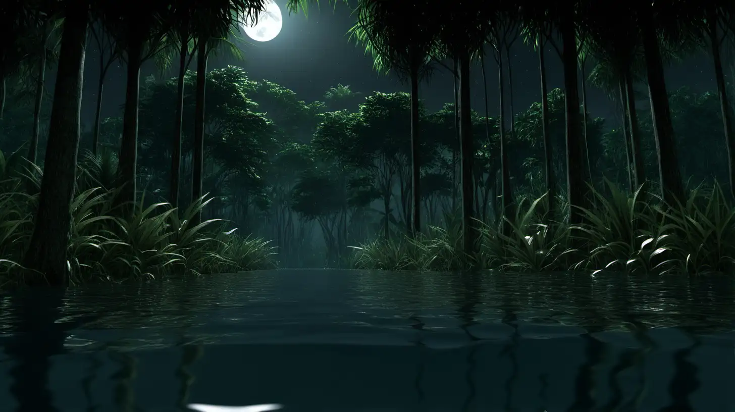 jungle, water in the middle, tall trees, night time, very realistic