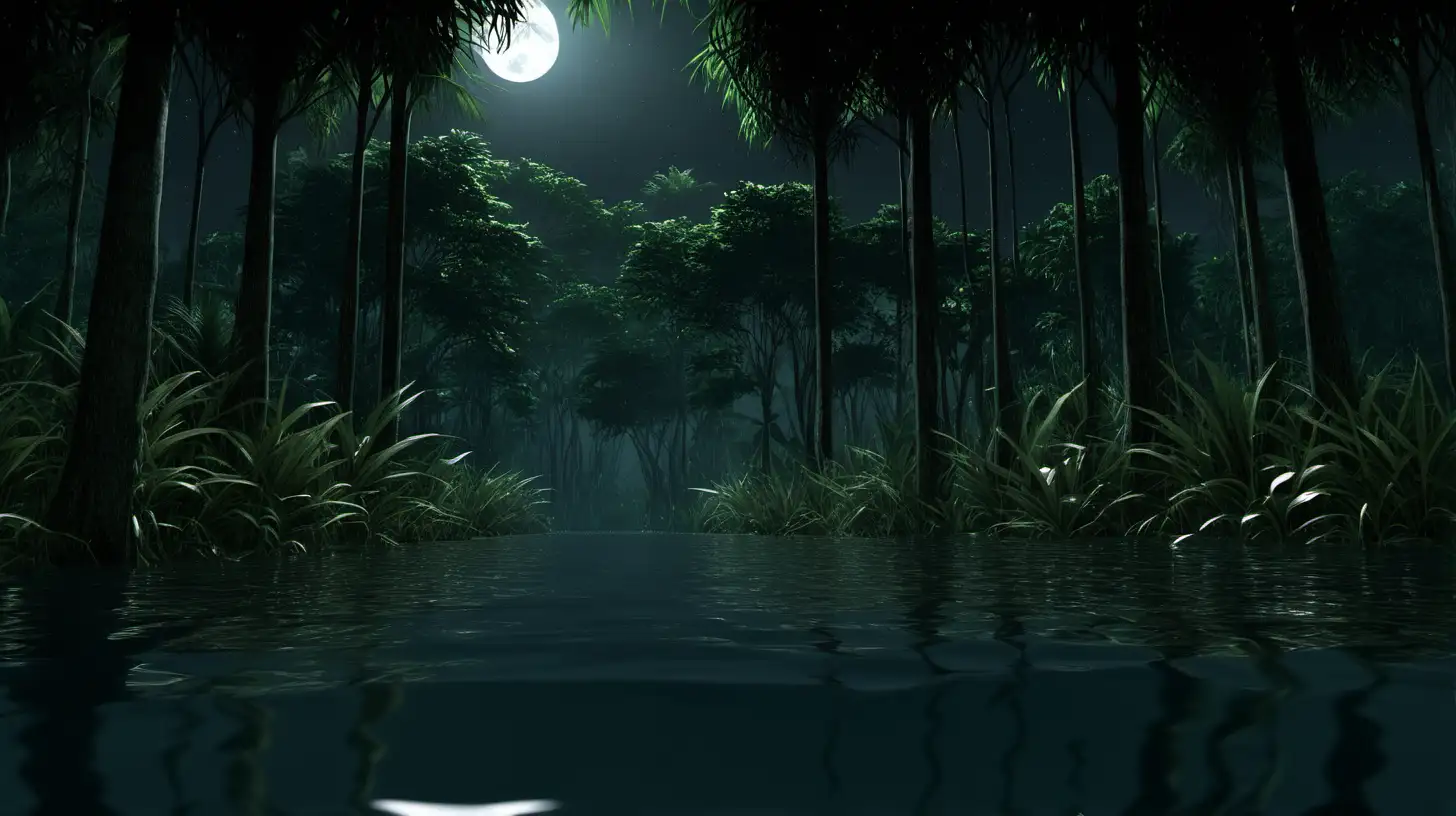 Realistic Jungle Night Scene with Tall Trees and Water | MUSE AI