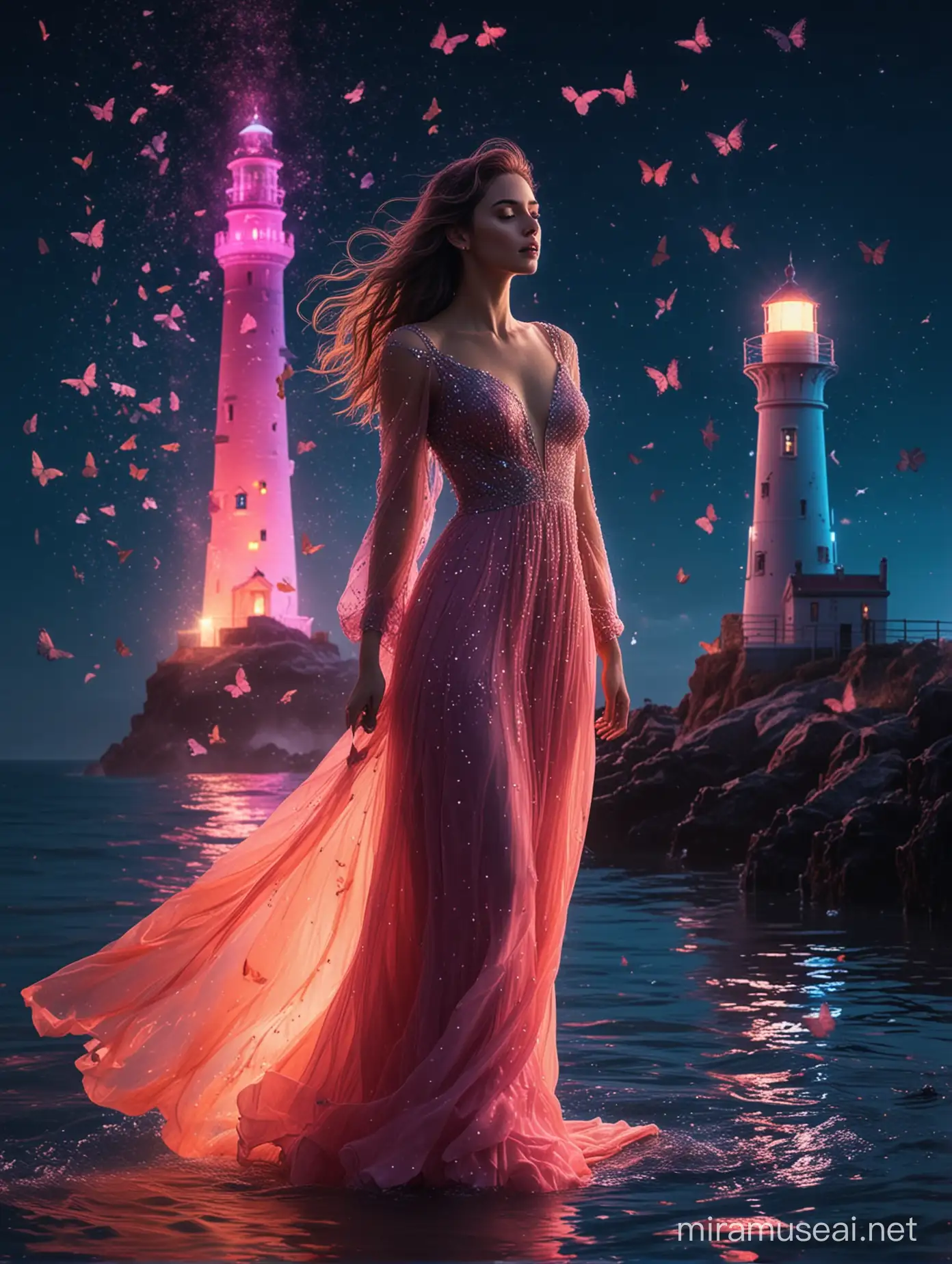 Aivision,a woman, beautiful face in a long gown standing into the water, she slowly fades away into butterflies and windy dust, you see a lighthouse in the background, the water is very sparkly, neon color, elegant, neon colors