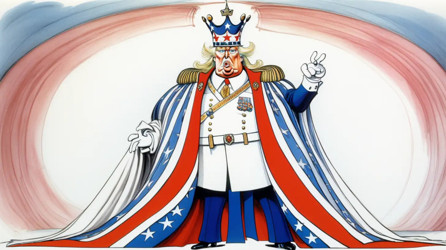 Gerald Scarfe style cartoon of Donald Trump dressed as an American King