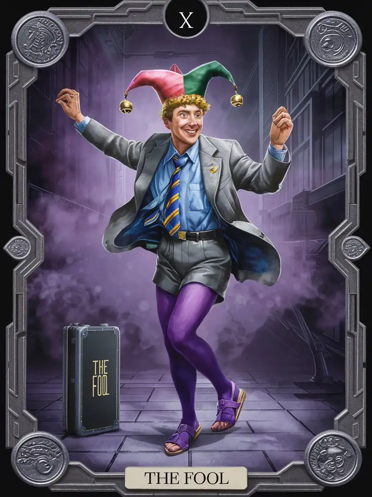 Colorful-Jester-Tarot-Card-Featuring-Modern-Fool-in-Business-Attire