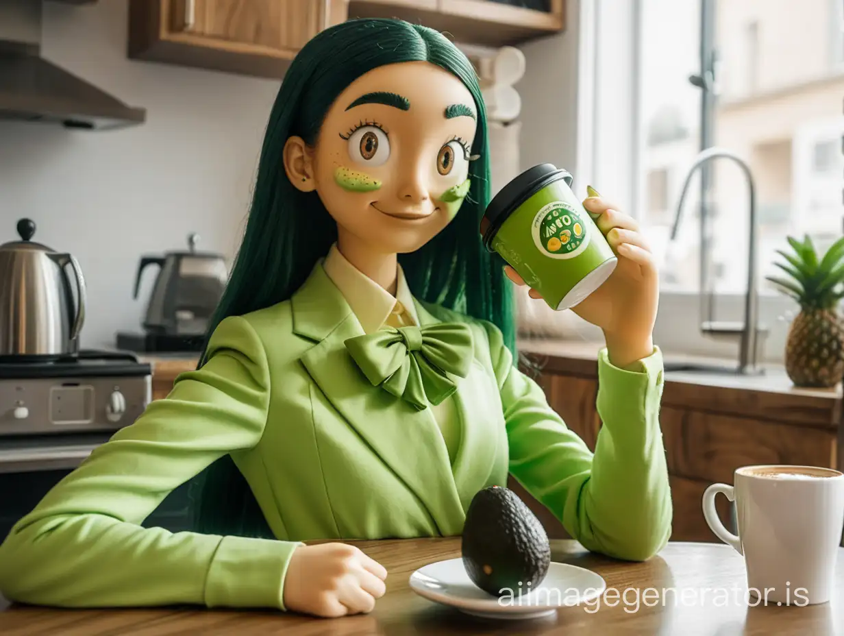 The avocado girl drinks coffee.