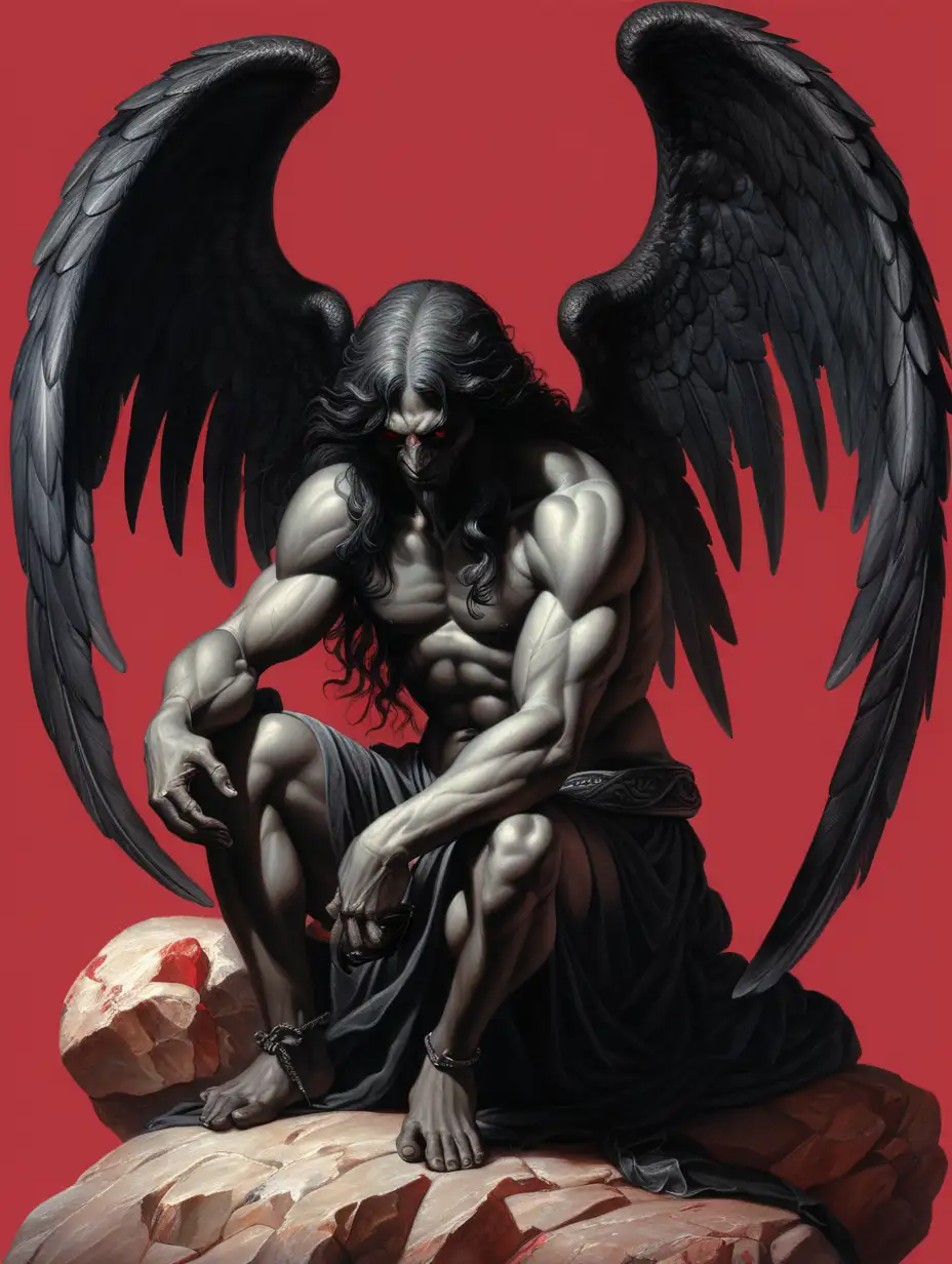 Angel with black demonic creature, sitting back to back on rock, rocks surrounding them, Renaissance, red background