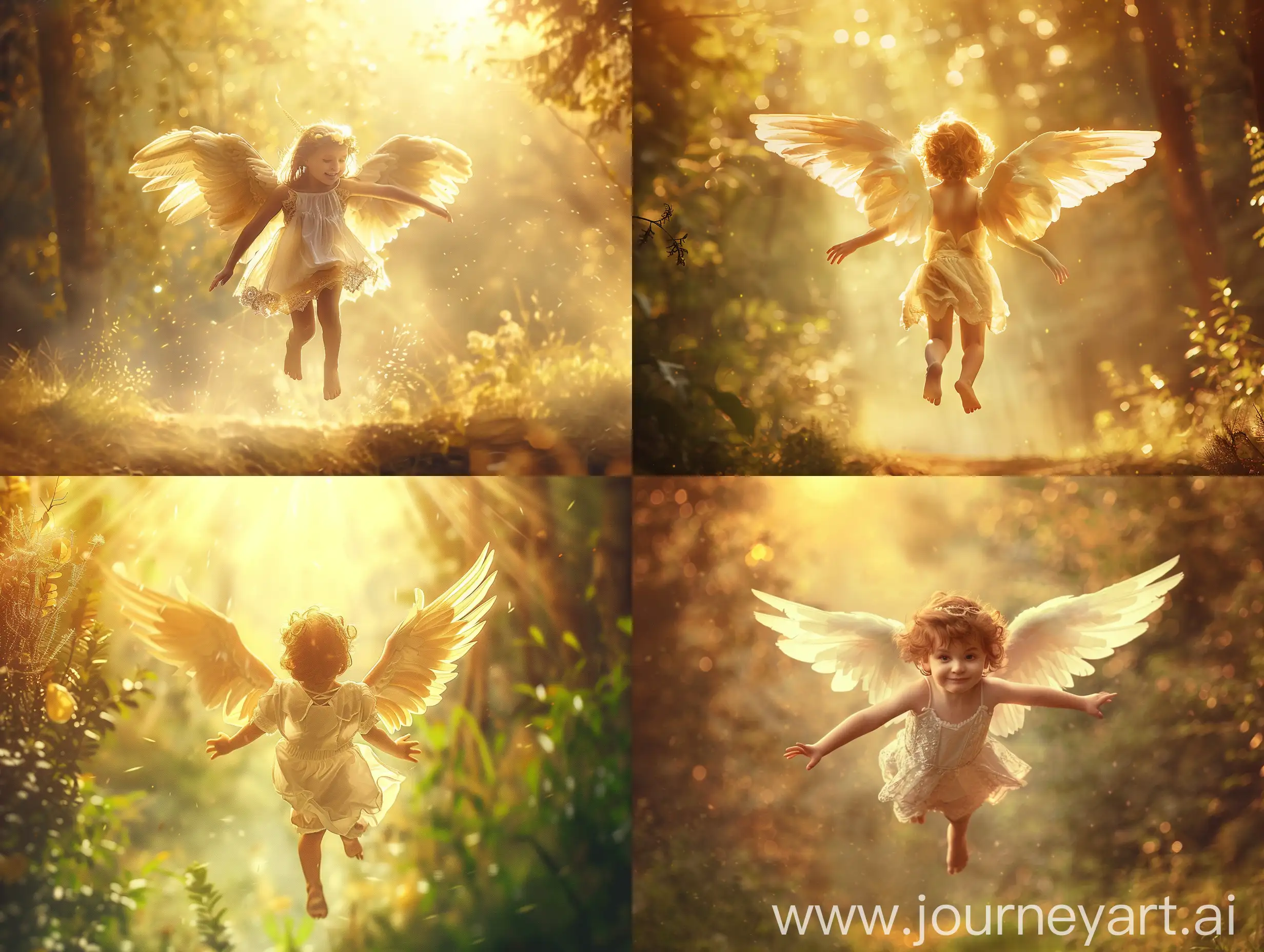 a beautiful young angel flying towards the camera in a magical landscape, atmospheric backlighting, very detailed, very realistic