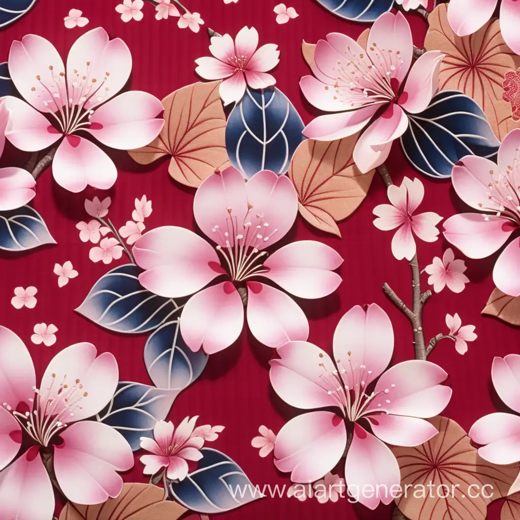 the color scheme is light, floral rapport checkered pattern on the kimono fabric; sakura flowers are used, sakura flowers consist of 5 petals, the flowers are separate from each other; teardrop-shaped leaves with slightly jagged edges, the style of the pattern is Japanese
