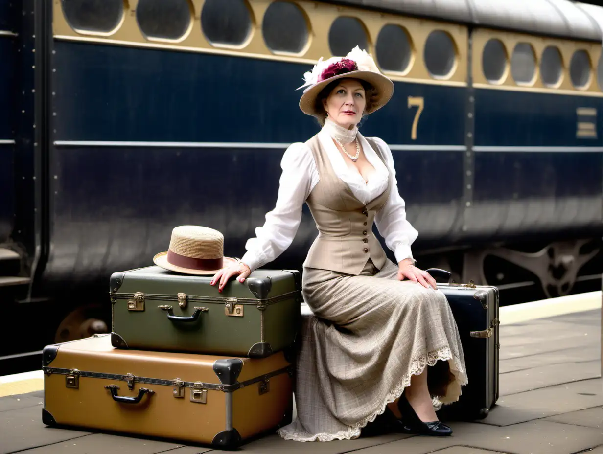 beautiful full-breasted mature edwardian woman wearing a lacy bra and tweed skirt with a hat, sitting amongst trunks and suitcases on an edwardian station platform