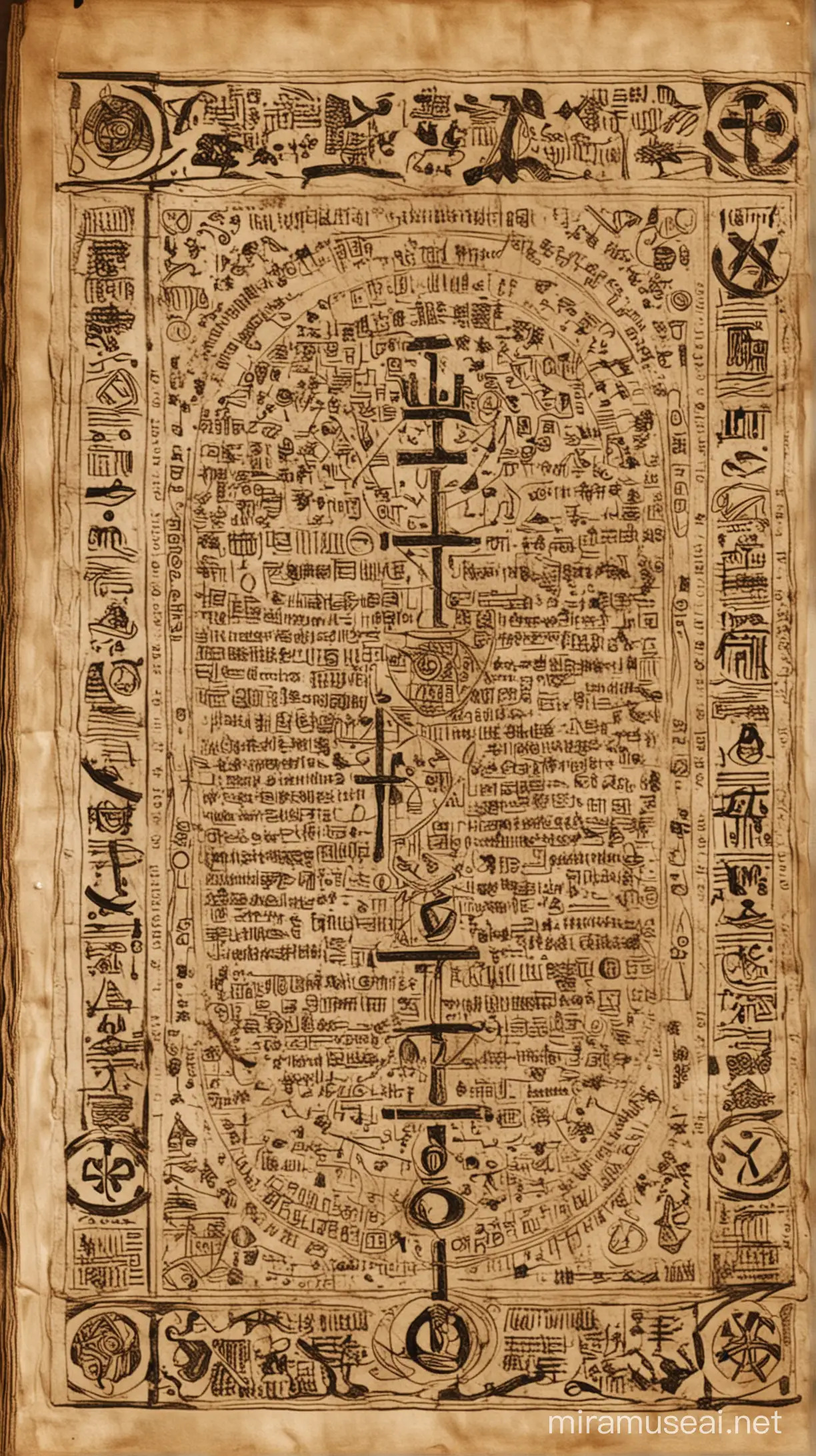 An image of an ancient book filled with mysterious symbols and writings, representing the pages of the Enoch Book being unveiled.
