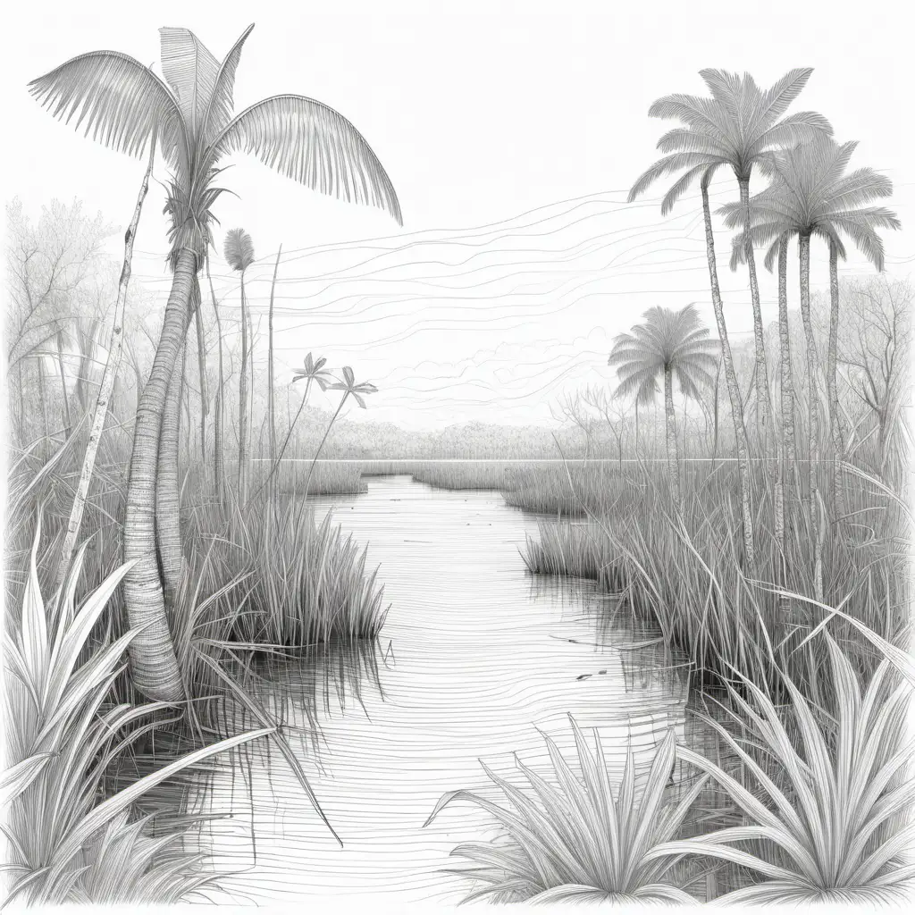 Serene Everglades Landscape Minimalist Line Drawing